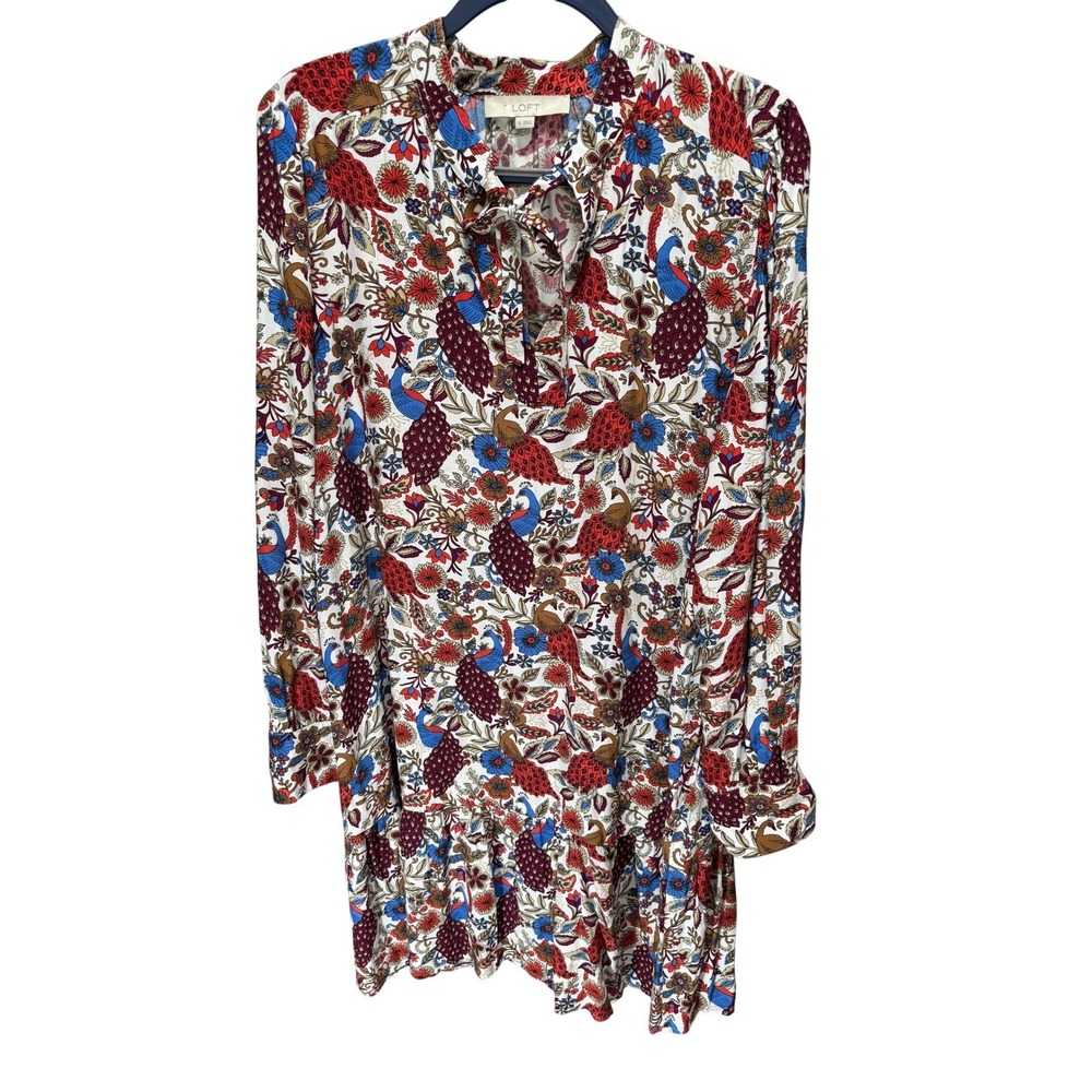 LOFT Dress Women XL Peacock Floral‎ Tie Neck Ruffle Hem Shift Cottagecore Casual